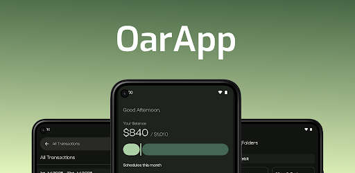 Oar app preview showing balance, transactions, and folders screens